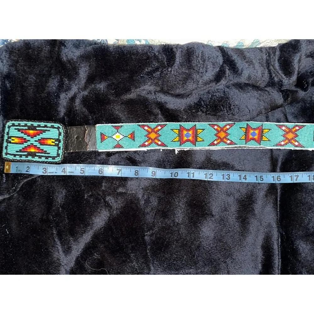 VINTAGE NATIVE TURQUOISE BEADED LEATHER BELT & MATCHING BUCKLE